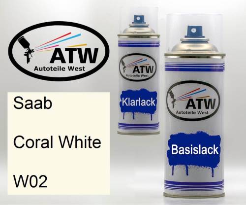 Saab, Coral White, W02: 400ml Sprühdose + 400ml Klarlack - Set, von ATW Autoteile West.